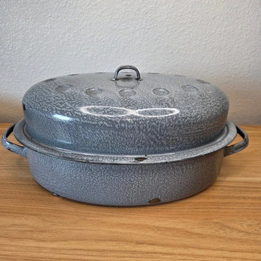 Vintage Gray Enamelware Graniteware Double Handled Roasting Pan Handled Lid